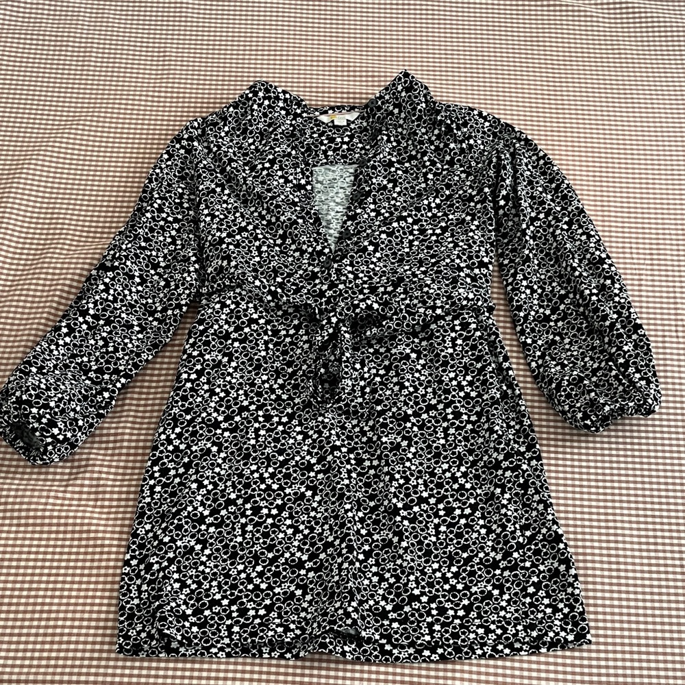 Boden black and white Floral Patterned tie waist dress